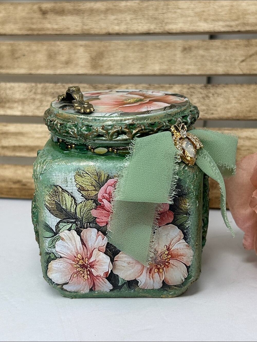One of a Kind Handcrafted Green Floral Decorative Jar with Bow
